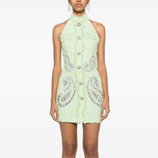 Nadia Mint Halter Tweed Mini Dress