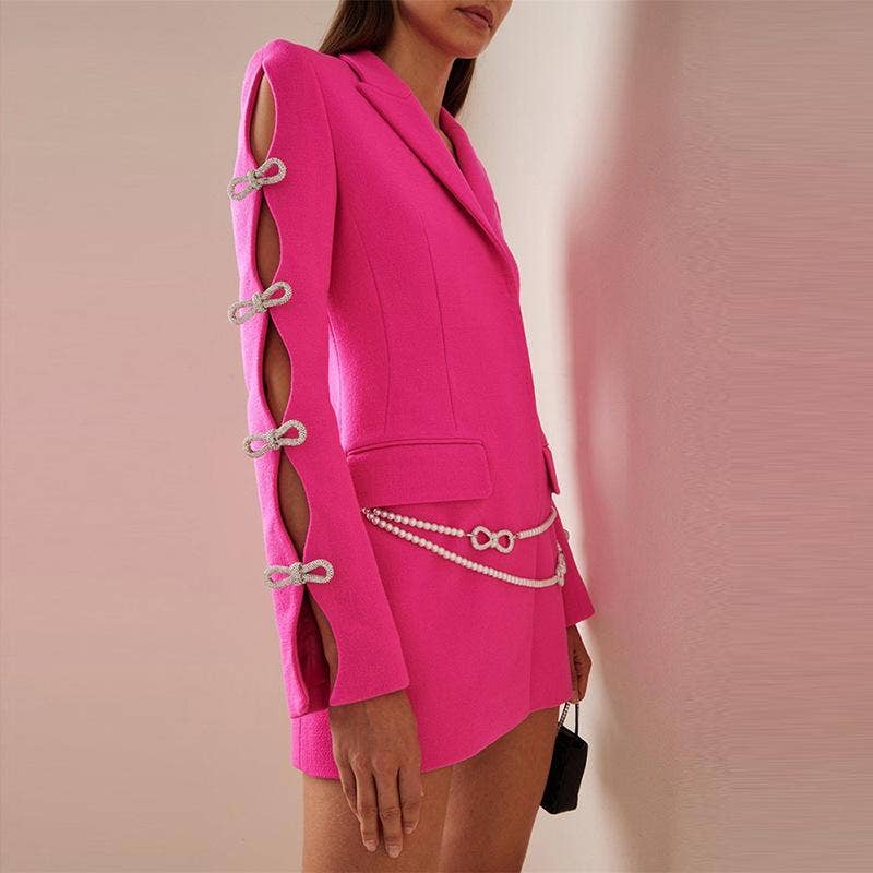 Holly Pink Oversized Blazer with Rhinestone Bowtie and Pearl